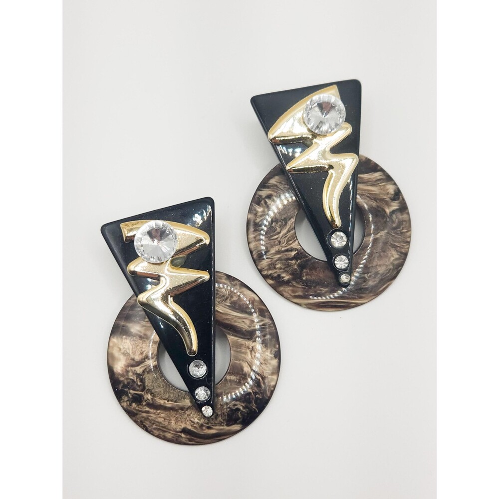Vintage 1980s Memphis Milano Statement Earrings Art Deco Revival Black Acrylic G